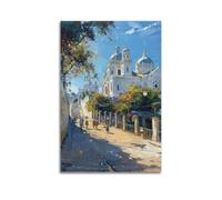 Landscape Oil Painting Poster. A Street in The Center of A Mediterranean Town with White Wall Monuments Decorative Painting Canvas Wall Posters And Modern Family Bedroom Decor 20x30inch(50x75cm)