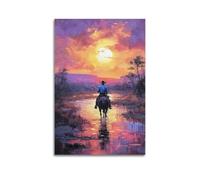 Landscape Oil Painting Poster Western Knight in The Sunset Red Landscape Poster Decorative Painting Canvas Wall Posters And Art Picture Print Modern Family Bedroom Decor Posters 16x24inch(40x60cm)