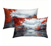 Landscape Outdoor Cushions Waterproof Linen Fall Cushion Covers 60x80cm Set of 2 with Invisible Zipper, Decorative Pillows for Bed, Sofa, Garden, Home Decor, Durable & Easy Care Pillow Cases S1-490