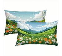 Landscape Outdoor Cushions Waterproof Linen Green Cushion Covers 60x80cm Set of 2 with Invisible Zipper, Decorative Pillows for Bed, Sofa, Garden, Home Decor, Durable & Easy Care Pillow Cases S1-846