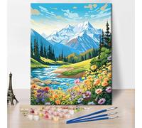 Landscape Paint by Number Kit, Water of The River Flowers and Mountains Paint by Numbers with Brushes and Pigment for Home Wall Decoration, Oil Painting, 16x20 Inch (Frameless)