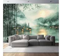 Landscape Painting Bamboo Forest Architecture Print Photo Wallpaper, Color Neon Lights Non-Woven Wall Mural, Decoration Poster Picture Design Mural for Living Room Kids Bedroom