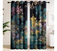 Landscape Painting Blackout Curtains for Traditional Decor Fans, Window Drapes with Eyelet, Night Sky Pagoda Lake Print, Thermal Insulated Curtains Chinese Style, Emerald Gold W 90" x L 90" 2 Panels