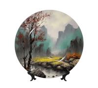 Landscape Painting Ceramic Decorative Plates Bone China Decorative Plate With Display Stand Handmade Ceramic Ornament Personality Porcelain Dinner Plate Crafts For Home Office Wall Decoration 17cm