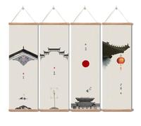 Landscape Painting,Chinese Ancient Architecture Posters and Prints,traditional Ink Decor,Wall Art Black and White for Living Room Bedroom,4 Piece Set Fixed Wooden Hanging Scroll (Ancient architecture,