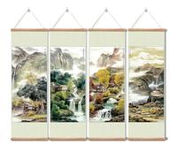 Landscape Painting,Chinese Ancient Architecture Posters and Prints,traditional Ink Decor,Wall Art Black and White for Living Room Bedroom,4 Piece Set Fixed Wooden Hanging Scroll (Four Seasons,