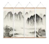 Landscape Painting,Chinese Ancient Architecture Posters and Prints,traditional Ink Decor,Wall Art Black and White for Living Room Bedroom,4 Piece Set Fixed Wooden Hanging Scroll (landscape,