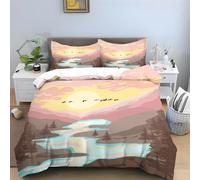 Landscape Painting Double Bedding Set Sunset Duvet Covers Adults, Soft Fluffy Microfibre Quilt Cover, Bedding Double Bed Set with Zipper Closure + 2 Pillowcases 50x75cm -Ai3562