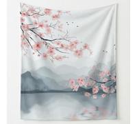 Landscape Painting Flannel Throw Blanket, Elegant Zen Cherry Blossom Mountain Soft Blanket for Bed Sofa Couch, Microfibre Fluffy Blankets for Kids Adults, 150 x 200 cm Grey