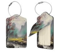 Landscape Painting Luggage Tags for Suitcases, 4 PCS PU Leather Suitcase Tags Identifiers with Stainless Steel Loop, Privacy Cover ID Label with Address Card, Travel Essentials Bag Tag