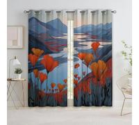 Landscape Painting Mountains River Poppies Thermal Insulated Curtains Blue Grommet Eyelet Curtains,Blackout Noise Reducing Windows Drapes for Nursery Living Room 36” W x 84” L x 2 Panels