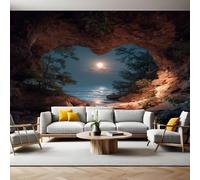 Landscape Painting Mural Wallpaper Heart-Shaped cave at Moonlit Night Non-Woven Art Print 390 x 260cm Wall Murals Poster Picture Design Modern Decoration for Bedrooms Living Room Children Nursery