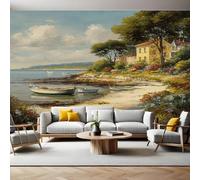 Landscape Painting Photo Wallpaper Small Wooden Boat on The Coast Wall Mural Non-Woven Art Print 250 x 180cm Wallpaper Mural Photo Kids Bedroom Office Living Room Home Poster Decoration