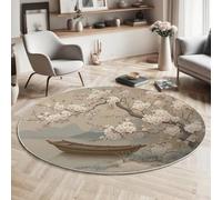 Landscape Painting Round Rugs Ø120cm Living Room Non Slip Round Area Rug Short Pile White Plum Blossoms Ancient Ship Design Bedroom Circle Carpet Washable Soft Floor Mat Rugs for Kids Room Decor,Beige