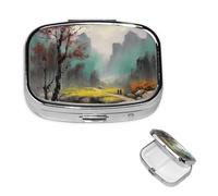 Landscape Painting Square Metal Pill Box 2 Compartment Cute Travel Pill Organizer Case Portable Medicine Vitamin Organizer Pill Case for Women Men Travel Unique Gift
