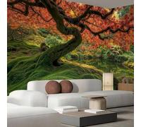 Landscape Photography Panoramic Wallpaper Mural - Red And Green Ancient Red Maple Tree Moss Silk Photo Wallpaper for Living Room, Bedroom Dining Room Feature, High-Resolution Wall Décor 350x256cm