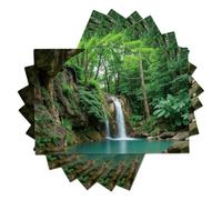 Landscape Photography Waterfall Cascades Down The Rocks Spring Set of 8 Placemats, Seasonal Kitchen Table Decoration Indoor Holiday Party Decor 30x45cm, Green