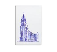 Landscape Poster Blue - Sketched Cathedral with Clock Poster Modern Wall Art Canvas Aesthetic Decoration Painting 24x36inch(60x90cm) Unframe-style