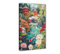 Landscape Poster Koi Fish Pond Illustration Colorful Japanese Garden