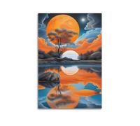 Landscape Poster Late Autumn Trees And Moon Reflection Orange Tone Lake Clouds Decorative Painting Canvas Wall Posters And Modern Family Bedroom Decor 12x18inch(30x45cm)