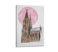 Landscape Poster Sketchy Cathedral with Pink Circle Backdrop Poster Modern Wall Art Canvas Aesthetic Decoration Painting 12x18inch(30x45cm) Frame-style