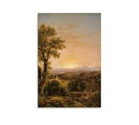 Landscape Poster with Sunset, Church And Bridge New England Scenery by Thomas Cole, Hudson River School Wall Art Canvas Wall Art Prints Photo Picture Paintings Room Decor Home Decorative Unframe 12x1