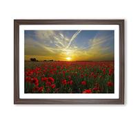 Landscape Red Poppy Meadow Sunset Modern Framed Print | A3 Walnut Framed Wall Art | Ready to Hang | Modern Floral Picture | Living Room Bedroom Lounge Office