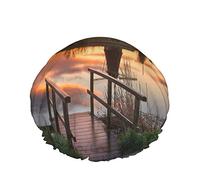 Landscape Shower Cap,Beautiful Traditional Dutch Windmills Near The Waterl Canals Waterproof Double Layer Bath Caps Perfect For All Hair Lengths And Thicknesses