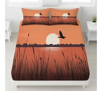 Landscape Sunset Fitted Sheet Small Double Size, Serene Sunset Lake Bird Bedding Set 30 cm Deep 3pcs with 2 Pillowcases for Kids Teens, Soft Microfiber Bed Cover 120 x 190 cm