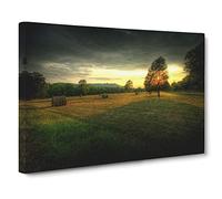 Landscape Tree and Hay Bales Canvas Print | Gallery Wrapped 30mm Frame Wall Art | 24x16 inches | Ready to Hang | Modern Landscape Picture | Living Room Bedroom Lounge Office