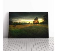 Landscape Tree and Hay Bales Canvas Print | Gallery Wrapped 30mm Frame Wall Art | 24x16 inches | Ready to Hang | Modern Landscape Picture | Living Room Bedroom Lounge Office