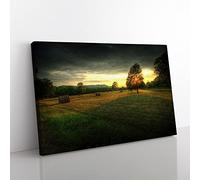 Landscape Tree and Hay Bales Modern Canvas Wall Art Print Ready to Hang, Framed Picture for Living Room Bedroom Home Office Décor, 60x40 cm (24x16 Inch)