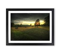 Landscape Tree and Hay Bales Modern Framed Print | A4 Black Framed Wall Art | Ready to Hang | Modern Floral Picture | Living Room Bedroom Lounge Office