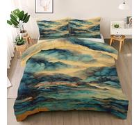 Landscape Ultra Soft Duvet Cover Double Size, Chinese Architecture Bedding Set, Durable & Breathable Watercolor Comforter Cover Set, Oriental Aesthetics All Season Comfort Quilt Bedding Cover