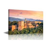Landscape Wall Art 1 Panel Ancient Arabic Fortress Alhambra at the Beautiful Evening Pictures Print on Canvas for Living Room Bedroom Decoration, Framed Gallery-Wrapped, 24" Wx16 H