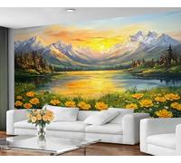 Landscape Wallpaper for Living Room - Peel and Stick Wallpaper, Mountains at Sunset Bedroom Wall Paper, Large Wall Mural & Spring Floral Home Decor, Self Adhesive