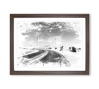 Landscape Wind Turbine Road V4 Modern Framed Print | A3 Walnut Framed Wall Art | Ready to Hang | Modern Nature Picture | Living Room Bedroom Lounge Office
