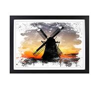 Landscape Windmill Sunset Netherlands V3 Framed Print | A2 Black Framed Wall Art | Ready to Hang | Modern Landscape Picture | Living Room Bedroom Lounge Office