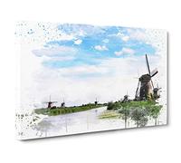 Landscape Windmills at Kinderdijk Holland V3 Canvas Print for Living Room Bedroom Home Office Décor, Wall Art Picture Ready to Hang, 30 x 20 Inch (76 x 50 cm)