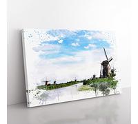 Landscape Windmills at Kinderdijk Holland V3 Modern Canvas Wall Art Print Ready to Hang, Framed Picture for Living Room Bedroom Home Office Décor, 60x40 cm (24x16 Inch)
