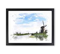 Landscape Windmills at Kinderdijk Holland V3 Modern Framed Wall Art Print, Ready to Hang Picture for Living Room Bedroom Home Office Décor, Black A3 (46 x 34 cm)