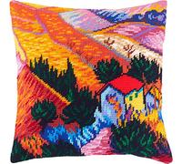 Landscape with a House and an Employee. Stamped Cross-Stitch Kit w/ Printed Tapestry Canvas (40 × 40 cm) - Stamped Cross-Stitch Cushion Kit for Creative Home Décor - Needlework Kit for Adult Beginners