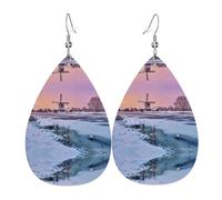 Landscape With A Traditional Windmill Leather Earring For Women Teardrop Pierced Leather Earrings Set Birthday Xmas Jewelry Gifts For Women