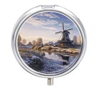 Landscape with A Traditional Windmill Pill Box Round Portable Small Pill Case Waterproof Travel Pill Box Organizer for Pocket Purse and Daily Convenience
