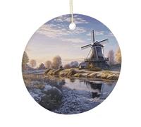 Landscape with A Traditional Windmill Round Ceramic Pendant Hanging Festival Ornament, Personalized Double Sided Ceramic Home Decor, Lightweight Durable Hanging Ornament Gift for Home, Party, Women Me