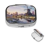 Landscape with A Traditional Windmill Square Metal Pill Box 2 Compartment Cute Travel Pill Organizer Case Portable Medicine Vitamin Organizer Pill Case for Women Men Travel Unique Gift