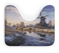 Landscape with A Traditional Windmill Toilet Rugs U-Shaped Floor Mat Absorbent Contour Bathroom Rugs for Toilet Mats Non Slip Bath Mat Soft Coral Velvet Contour Rug for Restroom Decor Accessories