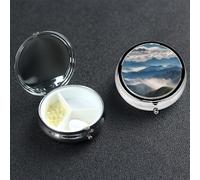 Landscape with Mountains and Clouds Pill Box with Mirror 3 Compartment Decorative Pill Case for Purse or Pocket Small Round Pill Organizer Weekly Metal Medicine Tablet Vitamin Holder Travel Gift