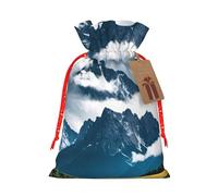 Landscape With Mountains And Clouds Print Christmas Drawstring Present Bag, Polyester Linen-Like Bag, Reusable Holiday Goodie Bag