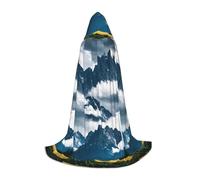 Landscape With Mountains And Clouds Print Hooded Cape, Elevate Your Festive Look, Big Hood & Bow Tie, For Halloween/Cosplay